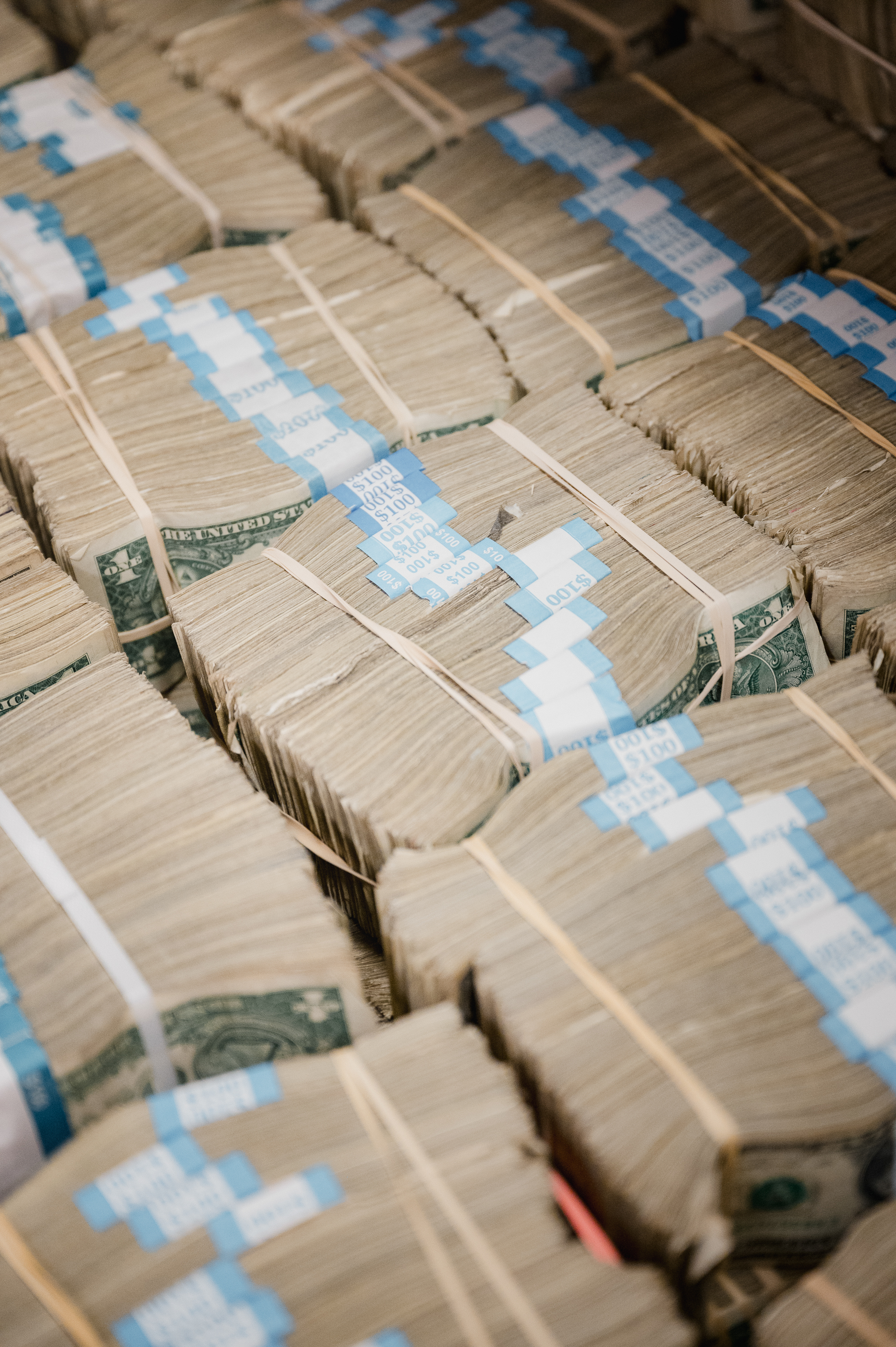 BALTIMORE, MD - JULY 12, 2023: Bundles of currency at The Federal Reserve Bank of Richmond in Baltimore, MD. on Wednesday, July 12, 2023. (Photo by Hannah Yoon for The Washington Post)